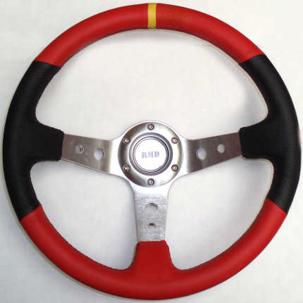 Rally 350mm Black/Red Leather - Silver Spokes - Dished